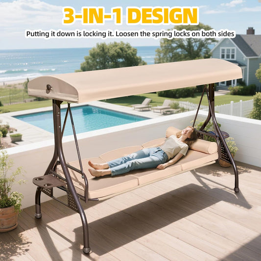 3-seat Patio Swing with Canopy,Convertible Outdoor Swing Bed with Thick Cushions, Pillows & Cup Holders, 3-Seat Outdoor Swings Chair for Backyard, Garden, Deck(Khaki)