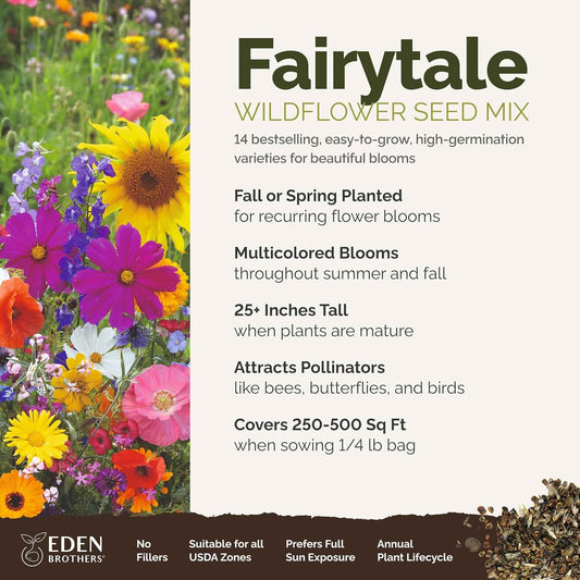 Eden Brothers Fairytale Flower Mixed Seeds for Planting, 1/4 lb, 120,000+ Seeds with Calendula, Cosmos Dazzler, Cornflower, Attracts Pollinators, Plant in Spring or Fall, Zones 3, 4, 5, 6, 7, 8, 9, 10