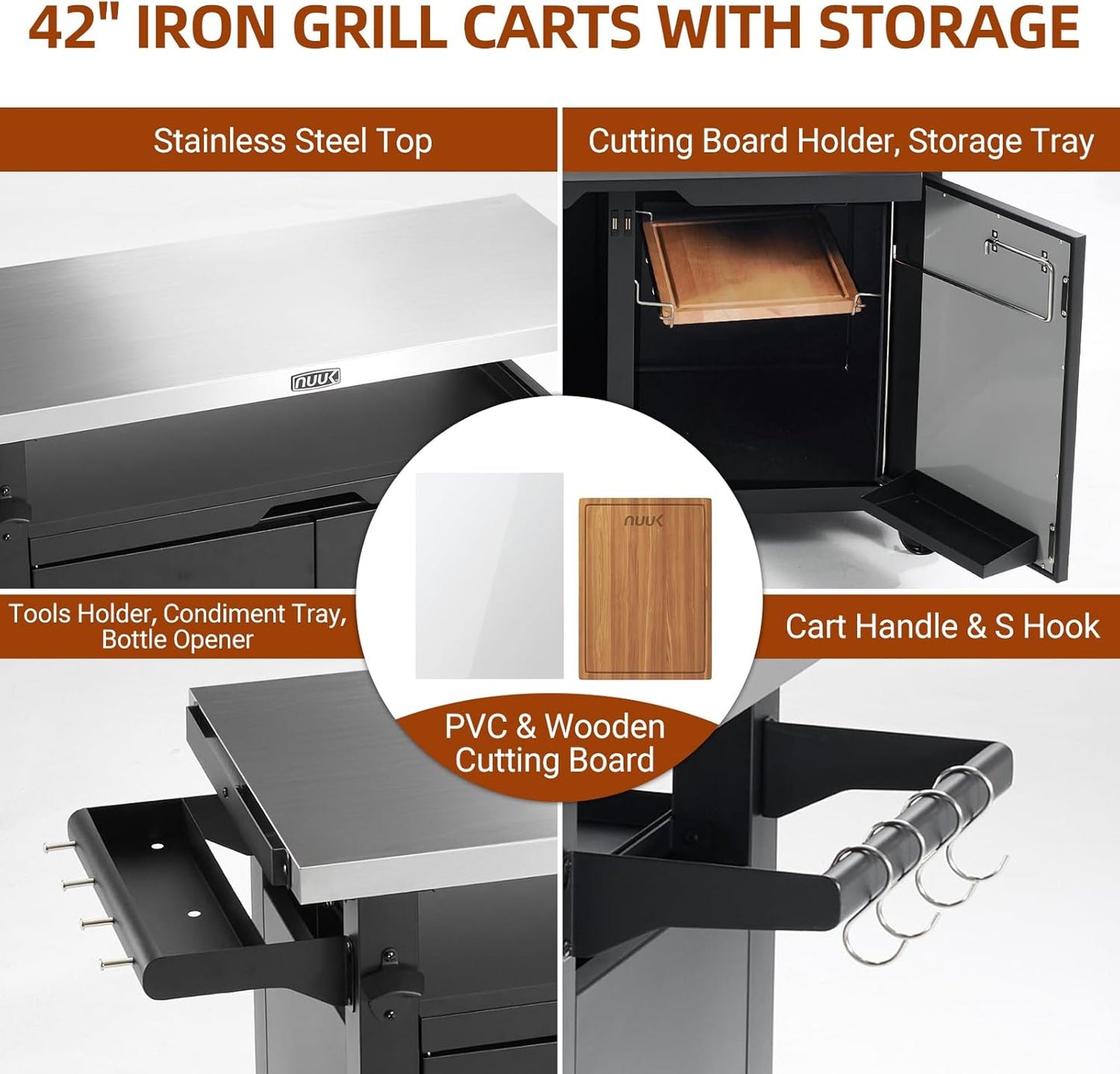 NUUK Outdoor Grill Cart with Storage Cabinet Metal Kitchen Island Prep Table with Movable Universal Wheels and Stainless Steel Top for Outside BBQ Backyard Include Hooks Spice Rack
