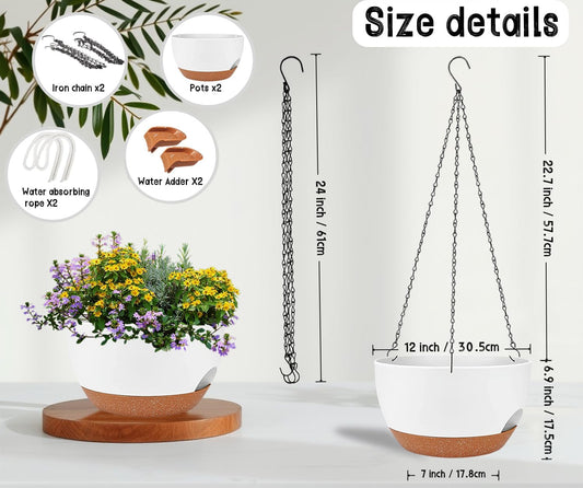 2 Pack 12 Inch Large Hanging Planters with Chains Self Watering White Brown Plastic Hanging Pots for Indoor Outdoor Plants, Garden Porch Home Decor,White Brown