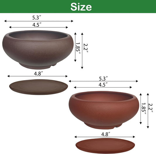 MUZHI 5.3â Round Ceramic Bonsai Starter Pots with Trays Set of 2 Brown and Red, Small Vintage Unglazed Succulent Pots with Saucers Minimalist Classic Mame Bonsai Planter with Drainage