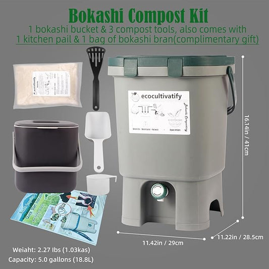 18.8L Bokashi Bucket with Snap-Locked Lid, 5 Gallon Compost Bin, Kitchen Composter with Bran, Kitchen Compost Pail, ecocultivatify Bokashi Kit Set with Starter (Grey & Dark Green)