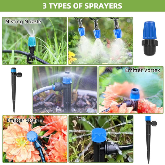 124.6FT Drip Irrigation System Kits Automatic Garden Watering Sprinkler with 1/2 &1/4 inch Tubing Hose Patio Misting Plant Irrigation Water Equipment Quick Connector for Greenhouse Flower Beds Lawn