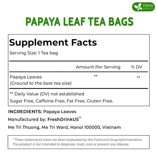 FreshDrinkUS, Premium 40 Papaya Leaf Tea Bags, 100% Natural & Pure. Loose Leaf Papaya Herbal Tea. Made with Natural Material Tea Bags. No Sugar, No Caffeine, No Gluten, Vegan.