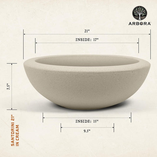 ARBORA 21" and 26â Santorini Bowls with Classic Cream Finish - Polyresin Indoor and Outdoor Planters, Durable, Weatherproof, Lightweight, Large Plant Pots for Patio, Garden, Deck