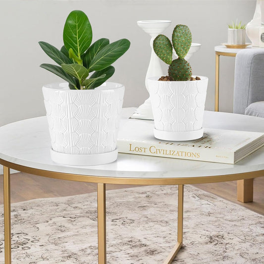 EFISPSS Ceramic Plant Pots, 5+6 Inch Pots for Indoor Plants, Planters with Drainage Holes and Tray, Modern Flower Pots Gardening Home Desktop Office Windowsill Decoration Gift Set of 2 - White