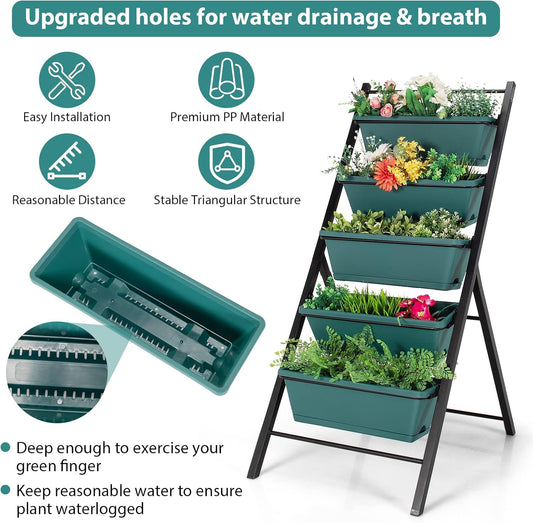 Giantex Vertical Planter Raised Bed, Elevated Garden Beds with Water Drainage Hole, Freestanding 5 Container Boxes for Herb Vegetables Flowers Growing, Outdoor Indoor Patio Balcony (Green, 1)