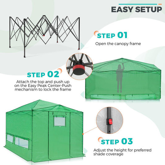 EAGLE PEAK Instant Pop-up Greenhouse, Indoor Outdoor Plant Gardening Green House, Roll-Up Zipper Doors and Side Windows, Walk in 12x8 ft, Green/Clear
