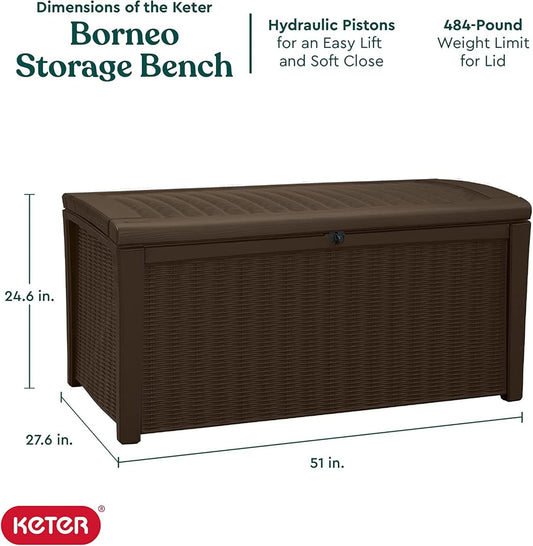 Keter Outdoor Storage Deck Box, for Patio, Backyard & Garden, Borneo, 110 Gallon, Brown - Lockable, Organizing, and Waterproof Plastic Container Bench