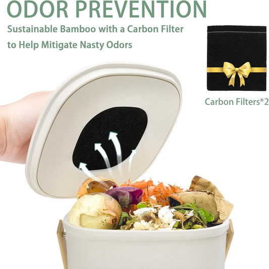 Vipush Bamboo Fiber Compost Bin with Lid Small Countertop Compost Bin Includes Charcoal Filter, Beige