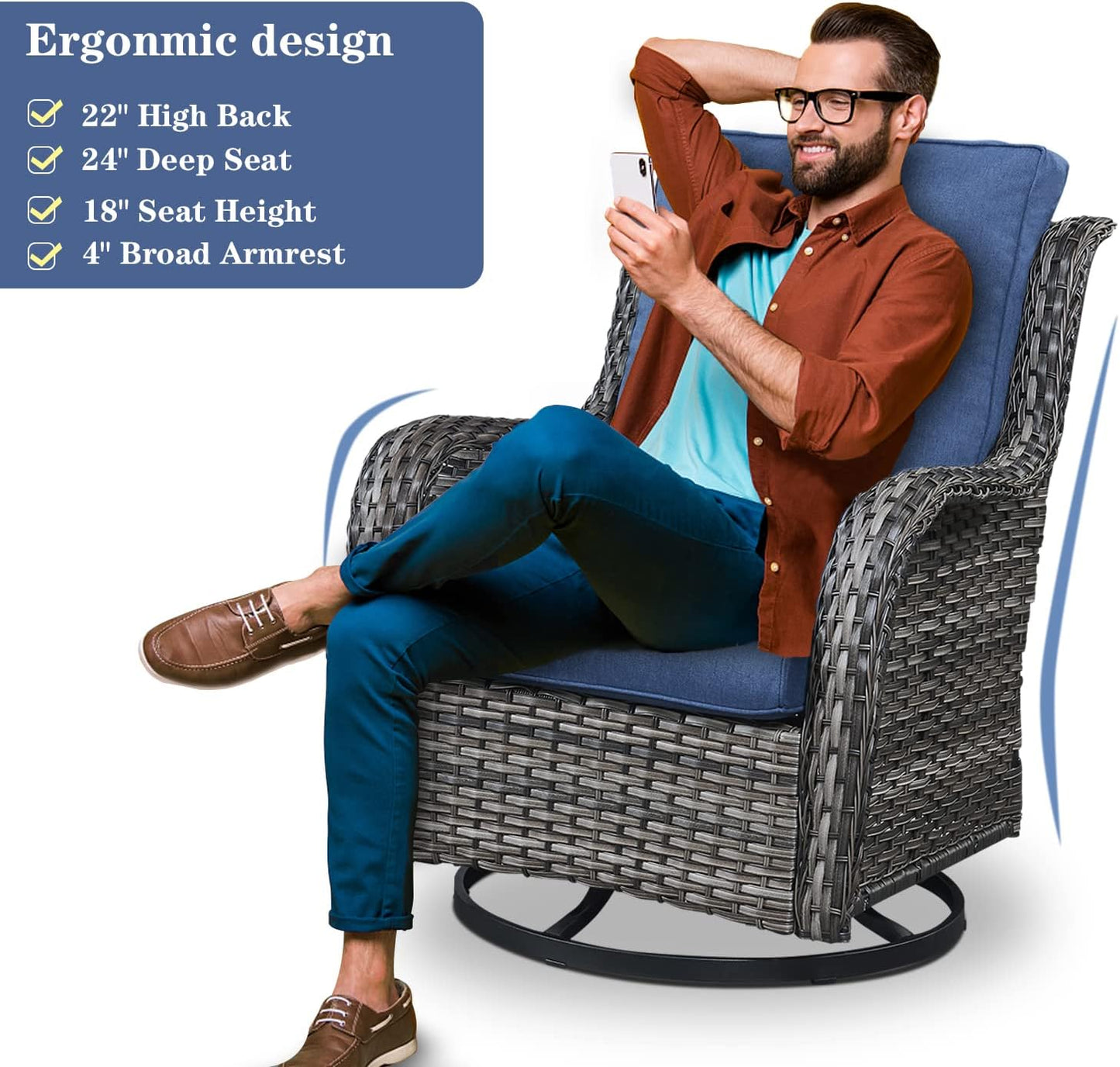 Outdoor Patio Furniture Set with 50000BTU Propane Fire Pit Table, 4 Pieces Wicker Patio Conversation Set with 2 Swivel Rocker Glider Chairs Rattan Sofa Blue Cushion Perfect for Casual Gathering