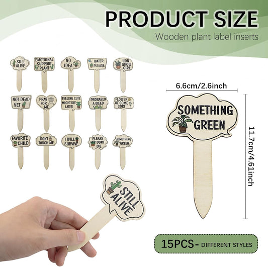 15pcs Funny Plant Signs Garden Markers Wooden Plant Labels Tab with Interesting Words Cute Patterns for Indoor and Outdoor Potted Used to Distinguish Potted Plants