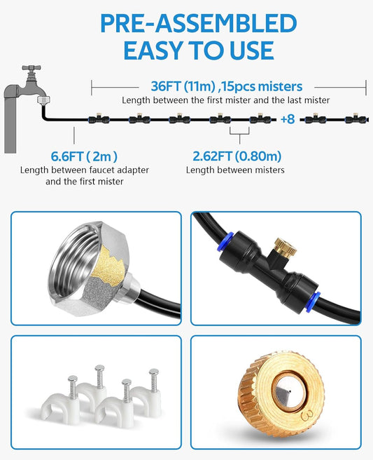 HOMENOTE Misting Cooling System 42FT (13M) Misting Line + 15 Brass Mist Nozzles + Brass Adapter(3/4") Outdoor Mister for Patio Backyard Garden Greenhouse Watering