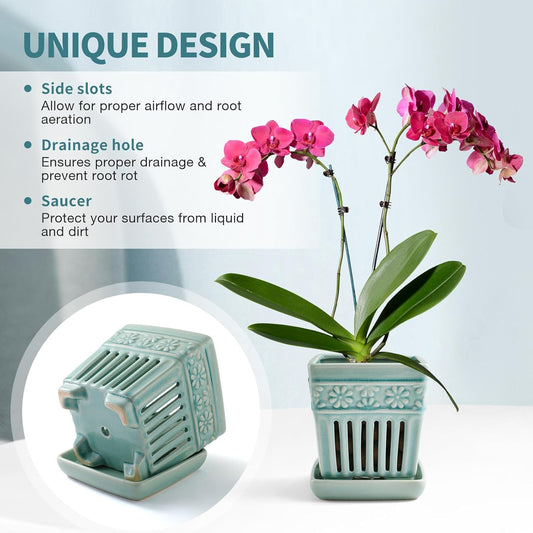 Orchid Pots with Holes | 5" Ceramic Orchid Planter with Separate Saucer and Drainage Holes | Crackle Glazed Pottery Small Flower Pot for Repotting Orchids(Blue)