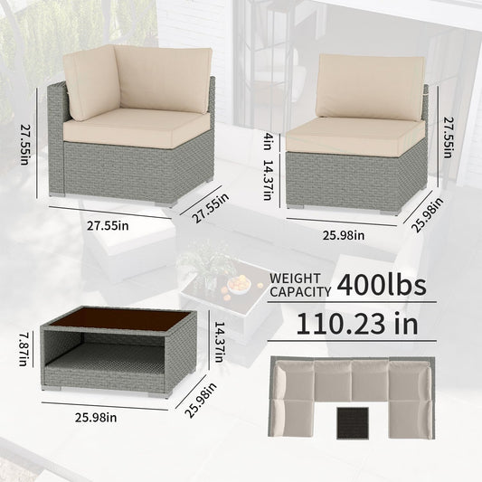 Patio Furniture Set 7-Piece, All-Weather Outdoor Conversation Set Sectional Sofa with Water Resistant Grey Thick Cushions and Coffee Table(Khaki)
