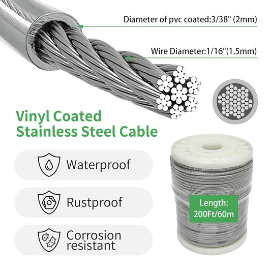 3/38" Wire Cable Rope Kit ,Vinyl Coated 304 Stainless Steel Wire – 200FT 7x7 Strand Cable with Turnbuckles,Shade Sail & Hanging Lights Hardware Kit for Outdoor, Garden,Patio, Crafts, Hanging Lights