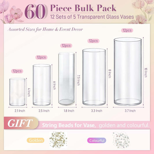 60pcs Glass Vase Cylinder Vases for Centerpieces Small Flower Glass Clear Vases Home Decor Centerpiece Table Flower Vase Decorations for Wedding Decoration&Holiday Mixed Sizes Tall
