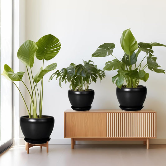 Ceramic Planters Pots - 10 Inch 8 Inch 6 Inch Plant Pots Indoor with Drainage Holes and Saucers Large Planters Mid-Century Flower Pots Outdoor Set of 3 Black