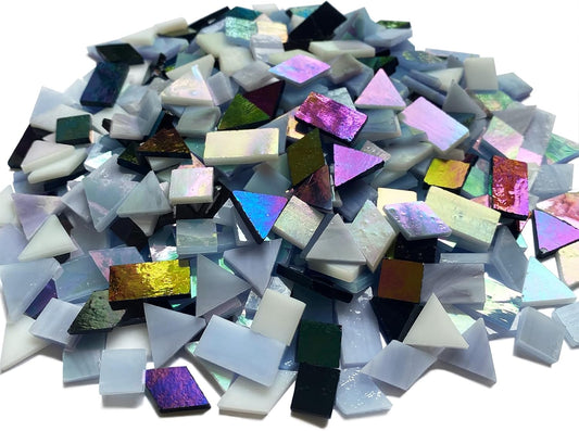 510 Pieces Stained Glass Mosaic Tiles for Crafts Bulk, Mixed 4 Shapes Iridescent Black White Gray Colors Mosaic Kit for Adults Kids, KALUCION Stained Glass Supplies for Mosaics