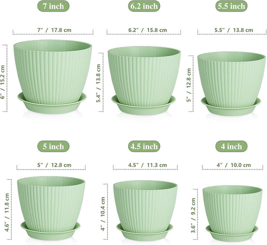7/6.2/5.5/5/4.5/4 inch Plant Pots, 6 Pack Flower Pots for Small Indoor Outdoor Plants, Plastic Planters with Drainage Holes and Saucers for Garden Succulent House Plants, Green