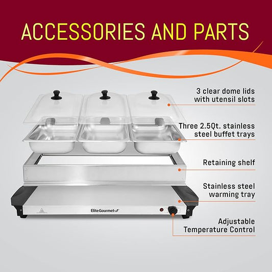 Elite Gourmet EWM-6171 Triple 3 x 2.5 Qt. Trays, Buffet Server, Food Warmer Temperature Control, Clear Slotted Lids, Perfect for Parties, Entertaining & Holidays, 7.5 Qt Total, Stainless Steel