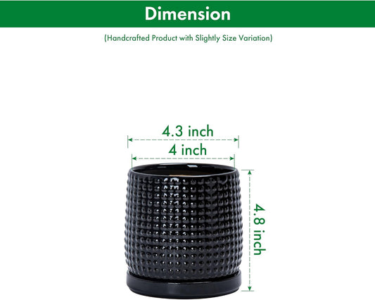 D'vine Dev Set of 2 Ceramic Plants Pots, 4 Inch Beaded Stoneware Flower Pot for Plants with Drainage Hole and Saucer, Glossy Black, 27-E-Z-2