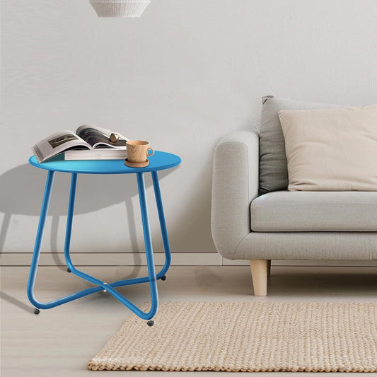 Patio Side Table, Round Metal Steel Weather Resistant Portable Patio Table, Outdoor and Indoor Patio Small Table for Garden Balcony Yard, Peacock Blue