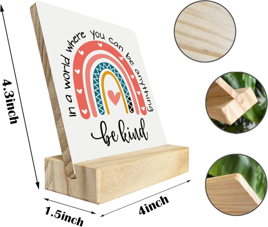 BQL Primitive Wooden Sign, 'In A World Where You Can Be Anything, Be Kind', Desk Plaque with Wooden Stand, 4 x 4.3 inches, Multicolored, Rustic, Tabletop Decor