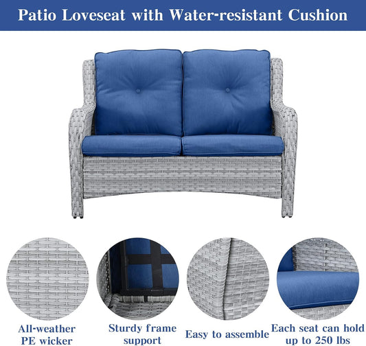 Outdoor Loveseat Small Patio Furniture 2 Seater Sofa Light Grey Wicker Couch Rattan Settee for Single-Family House