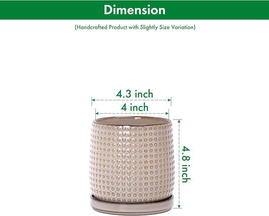 D'vine Dev Set of 2 Ceramic Plants Pots, 4 Inch Beaded Stoneware Flower Pot for Plants with Drainage Hole and Saucer, Light Brown, 27-E-Z-4