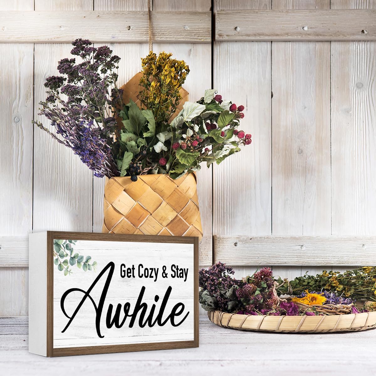 Get Cozy And Stay Awhile Wooden Box Sign Desk Decor,Rustic Family Saying Wood Block Sign for Home Farmhouse Bedroom Shelf Tabletop Wall Decor