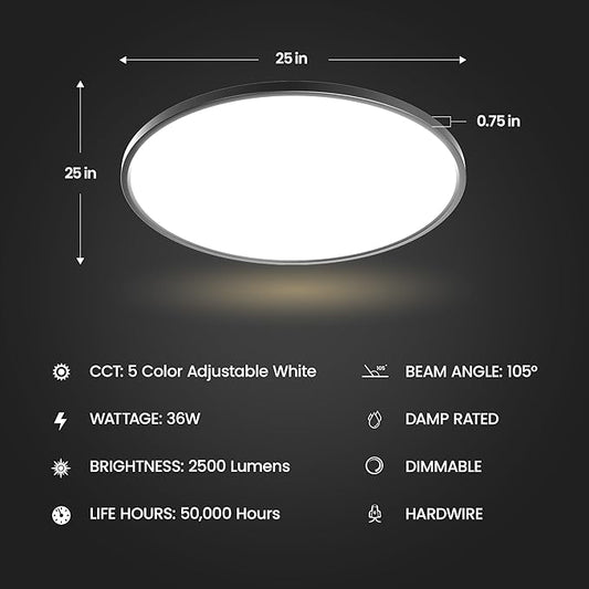 Feit Electric 25in Selectable White Ceiling Light, 2500 Lumens, 5 Color Temperatures (2700K-6500K), Dimmable, 36W Flush Mount, Perfect for Office, Kitchen, and Living Spaces, FM25LP6WYBK