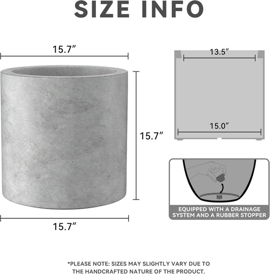 Kante 15.7" Dia Round Concrete Planter, Modern Style Large Cylindrical Plant Pot with Drainage Hole and Rubber Plug for Indoor Outdoor Patio, Natural Concrete