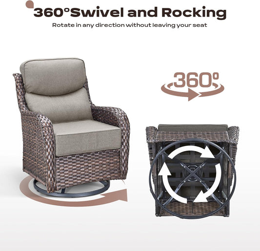 4 Piece Outdoor Patio Swivel Rocker Chairs, Waterproof Wicker, High Back, Deep Seating, Wide Armrest, Upgraded 6 inch Thick Cushions, Ideal for Deck Porch Backyard, Brown/Beige