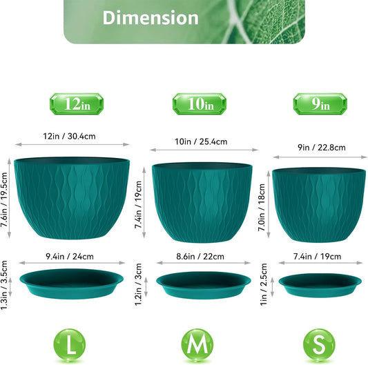Plant Pots 12/10/9 Inch Pots, Set of 3 Plastic Planters with Drainage Holes and Saucers,Plastic Flower Pots,Nursery Planting Pot for Indoor Out Door Plants(Teal)