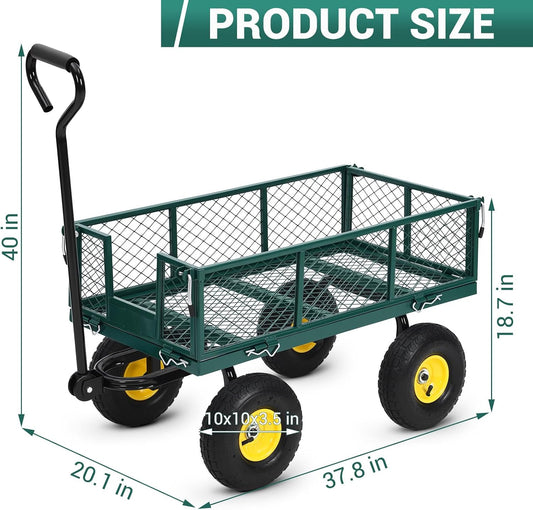 Heavy Duty Steel Garden Cart, 880LBS Pullable Metal Garden Wagon with 10" Wheels, 180° Rotating Handle and Removable Sides for Outdoor, Farm, Yard, Beach 