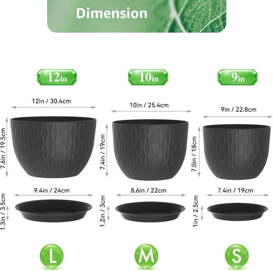Plant Pots 12/10/9 Inch Pots, Set of 3 Plastic Planters with Drainage Holes and Saucers,Plastic Flower Pots,Nursery Planting Pot for Indoor Out Door Plants(Black)