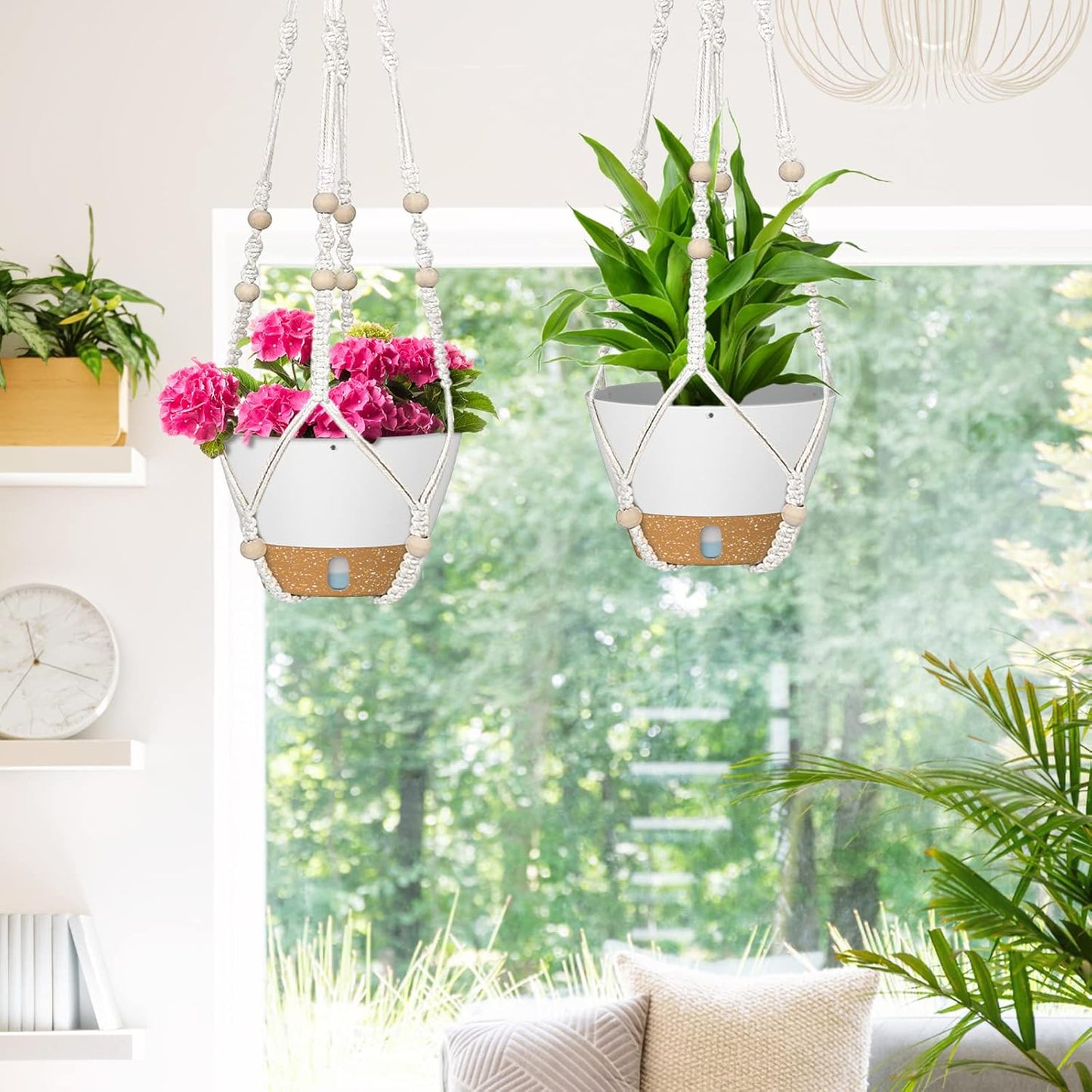ZMTECH 2 Pack 10 Inch White Hanging Planters with Macrame Plant Hanger for Indoor and Outdoor Plants, Self Watering, Drainage Hole, Visible Level Tray
