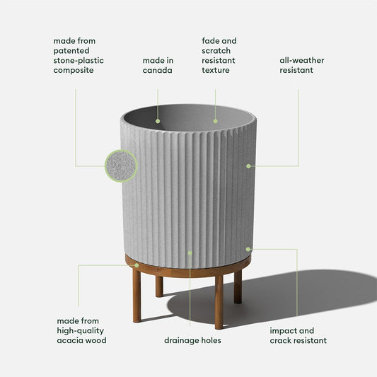 Veradek Demi Series Round Planter w/Stand for Porch/Patio | Durable Plastic-Stone Composite & Wooden Stand | Modern Décor for Tall Plants, Flowers