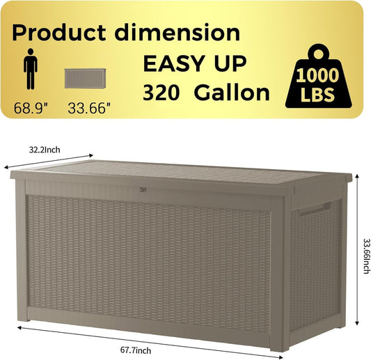 320 Gallon Outdoor Storage Box Waterproof Lockable Resin Deck Box Large, Patio Storage Bin for Pool Accessories Cushion Furniture, Garden Tools, UV-Resistant Outside Delivery Grey