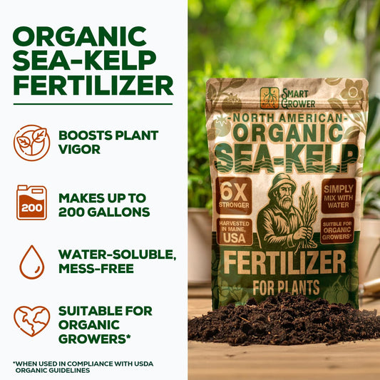 Organic Sea Kelp Fertilizer for Plants β Water-Soluble β Makes 200 Gallons β Kelp Meal Concentrate Plant Food β for Indoor Gardens, Hydroponics, Vegetables, Houseplants - Smart Grower - 8oz Bag