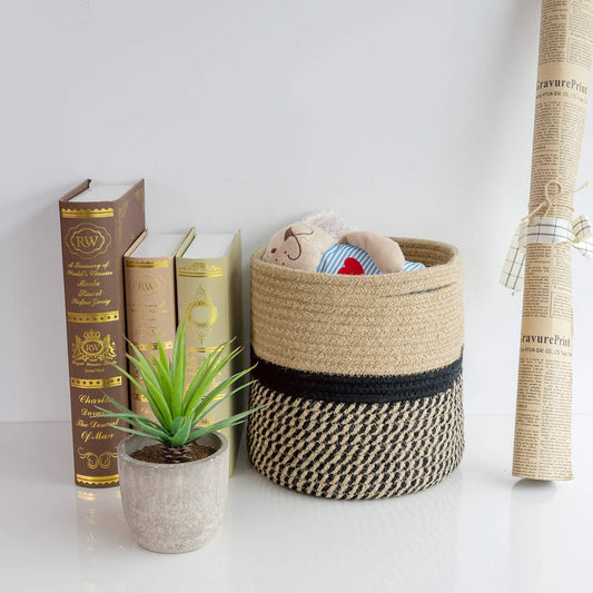 TIMEYARD Sturdy Jute Rope Plant Basket Modern Woven Basket up to 7.5 Inch Flower Pot Floor Indoor Planters, 8â x 8â Storage Organizer Baskets Rustic Home Decor, Black Stripes