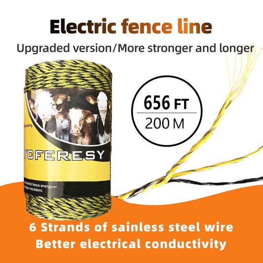 Electric Fence Polywire 656 Feet,200 Meter,6 Stainless Steel Strands for Reliable Conductivity and Rust Resistance,Portable Electric Fence Rope