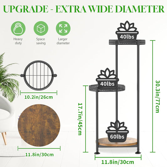 3 Tier Large Plant Stand Indoor Outdoor Clearance, Metal Flower Shelf Pot Holder, 10in Wide Multiple Plants Tall Corner Display Rack for Patio Orchid Office Porch Living Room Garden, Black