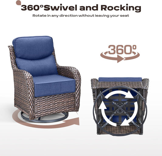 4 Piece Outdoor Patio Swivel Rocker Chairs, Waterproof Wicker, High Back, Deep Seating, Wide Armrest, Upgraded 6 inch Thick Cushions, Ideal for Deck Porch Backyard, Brown/Blue