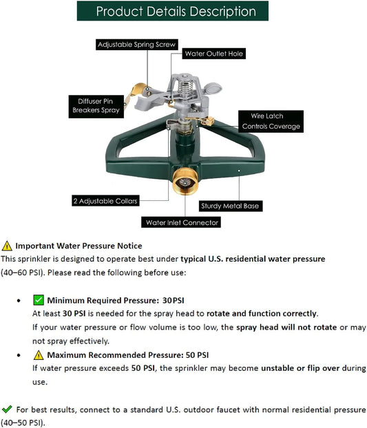 WEMADE Heavy Duty Metal Pulsating Sprinklers for Yard - 360 Degree Roating Automatic Water Sprinkler for Lawn with Metal Base, Impact Sprinklers for Large Area Covers Up to 85β Diameter