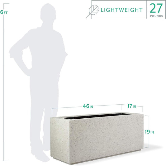 PolyStone Milan Tall Modern Outdoor/Indoor Rectangular Trough Planter, 46" W x 19" H, Lightweight, Heavy Duty, Weather Resistant, Polymer Finish, Commercial and Residential (White Granite)