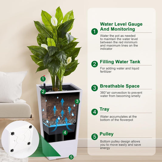 30" Tall Planters Set of 2, Outdoor&Indoor Black Planter Pots, High Front Porch Planter Pots with Drainage Holes&Water Level Monitor Movable Wheels &Inner Bucket, Automatic Watering, White