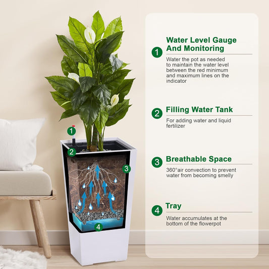 22.5" Tall Planters Set of 2, Outdoor&Indoor Black Planter Pots, High Front Porch Planter Pots with Drainage Holes&Water Level Monitor&Inner Bucket, Automatic Watering, White