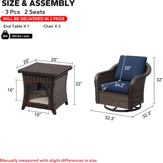 Outdoor Wicker 360 Degree Swivel Glider Rocker Chairs Set of 2 with Cat House Side Table, Patio Conversation Furniture Set with Washable Cushions for Garden, Poolside (Navy Blue)